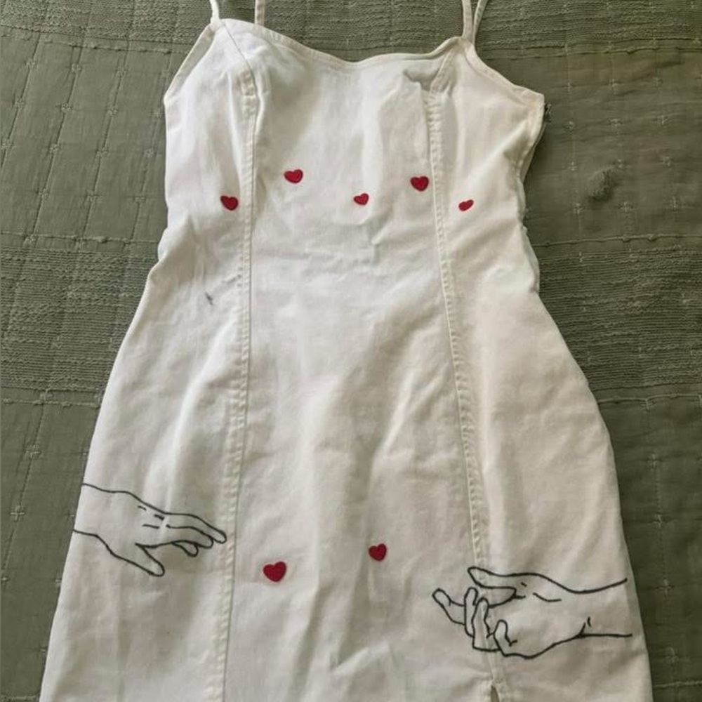 H&M White Midi Dress with Red Heart Accents